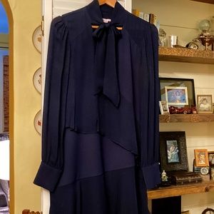 Parker Navy Blue Long Sleeve Silk Kicky Dress, Size 6